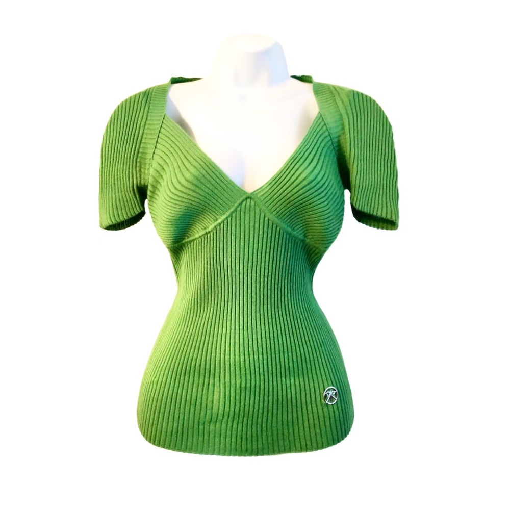 Christian Dior Vintage Green Ribbed Knit Low V Top